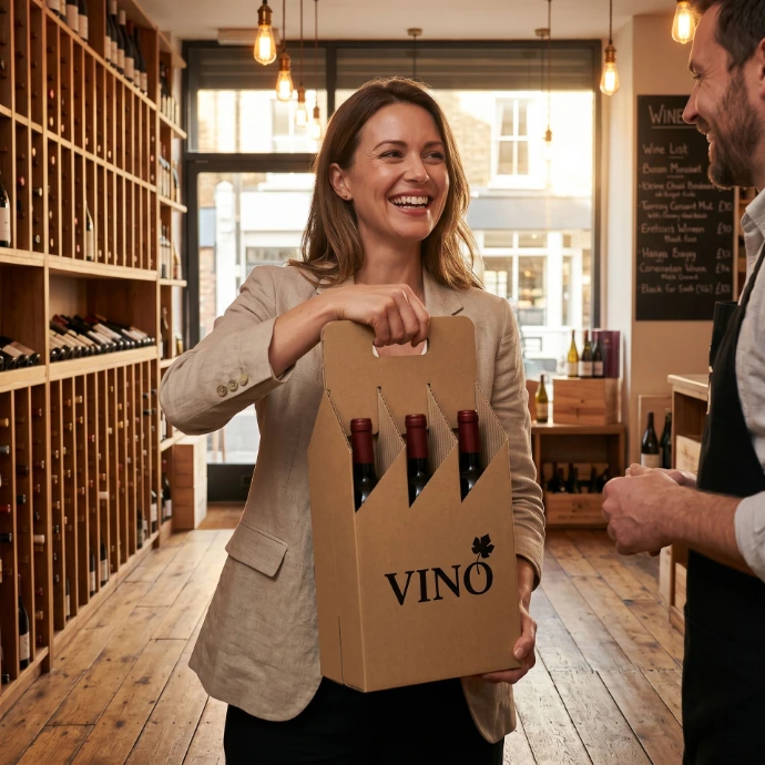 A woman holding a cardboard wine packaging with a handle.