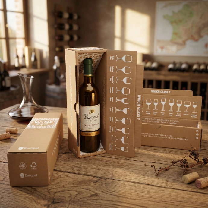 A single bottle in a cardboard wine packaging with wine glass instructions on the inside.
