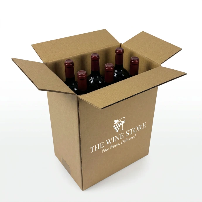 A six-bottle cardboard wine packaging with standup bottles.