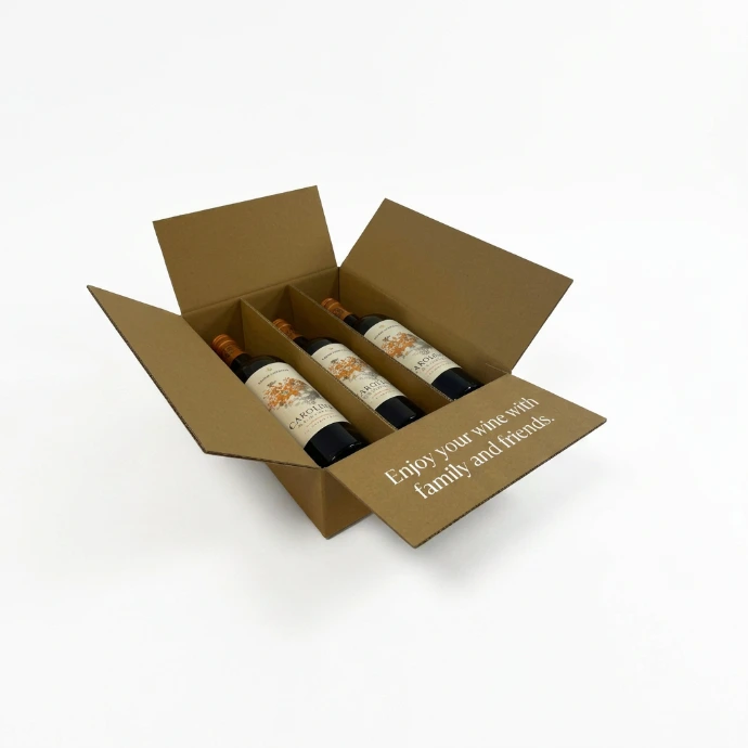 A side-by-side 3-bottle cardboard wine packaging