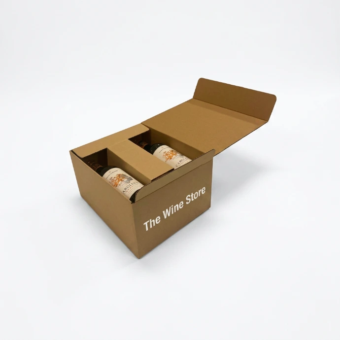 A six-bottle 2-layer cardboard wine packaging without tape and autolock bottle.