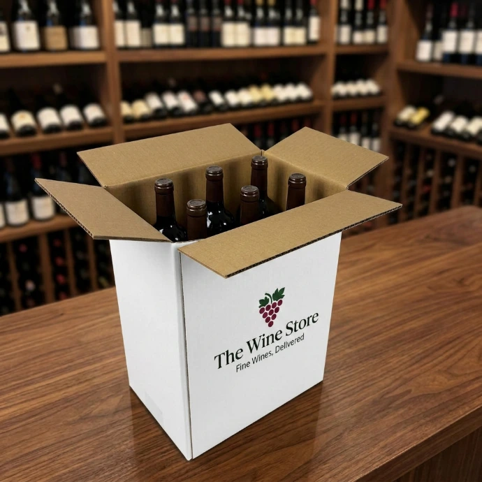 A cardboard wine package with 6 bottles and white outside and print.