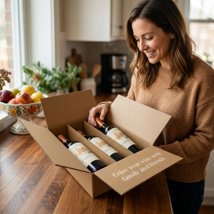 A woman opening a cardboard box with wine bottles.